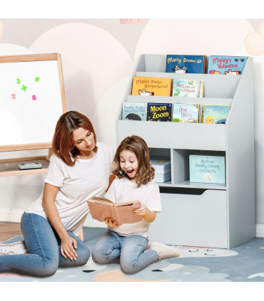 Kids Bookshelf, Toy Box w/ Storage Drawer, Wheels, for Bedroom - Grey