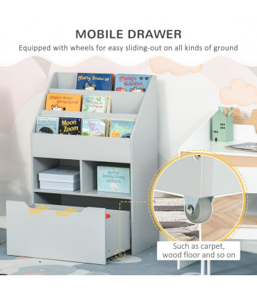 Kids Bookshelf, Toy Box w/ Storage Drawer, Wheels, for Bedroom - Grey