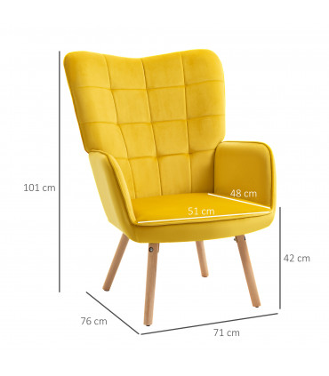 Armchair Velvet Yellow 101H x 71W x 76Dcm HOMCOM Modern Accent Chair Wingback