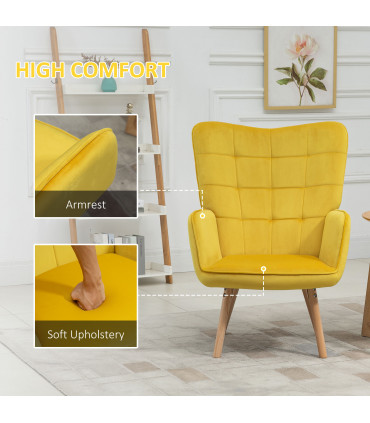 Armchair Velvet Yellow 101H x 71W x 76Dcm HOMCOM Modern Accent Chair Wingback