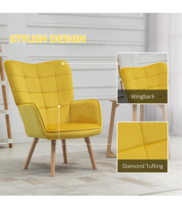 Armchair Velvet Yellow 101H x 71W x 76Dcm HOMCOM Modern Accent Chair Wingback