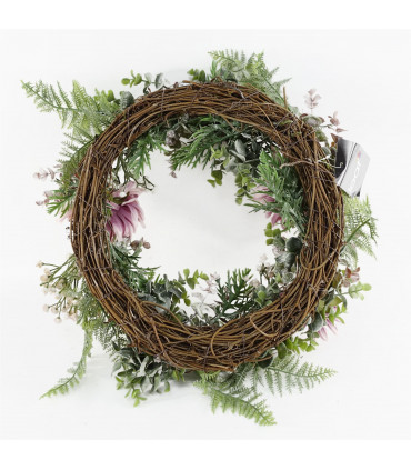 Artificial Pink Floral Wreath 45cm Dark Pink Natural Woven Base Leaf