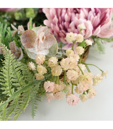 Artificial Pink Floral Wreath 45cm Dark Pink Natural Woven Base Leaf