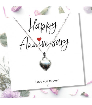 Necklace Silver heart charm 16 inches chain with Happy Anniversary message card