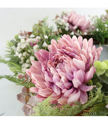 Artificial Pink Floral Wreath 45cm Dark Pink Natural Woven Base Leaf