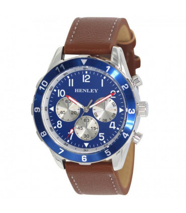 Watch Henley Men's Multi Eye Classic Blue Dial Brown Sports Leather Strap 44mm