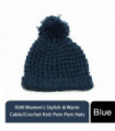 Ladies Winter Knitted Beanie with Bobble Pom Pom, Blue