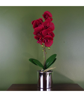 Artificial Orchid Red with Silver Pot Real Touch Leaves 7 Flowers 46cm