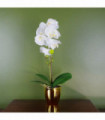 Artificial Orchid White / Gold Real Touch Leaves Glued  Base 6 Flowers 46cm