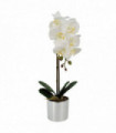 Artificial Orchid White with Silver Pot 46cm Real Touch Leaves 7 Flowers