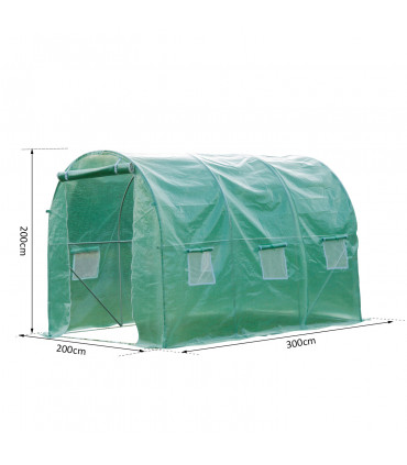 Green 300cm x 200cm x 200cm Polytunnel Walk-in Greenhouse Zip Door Windows