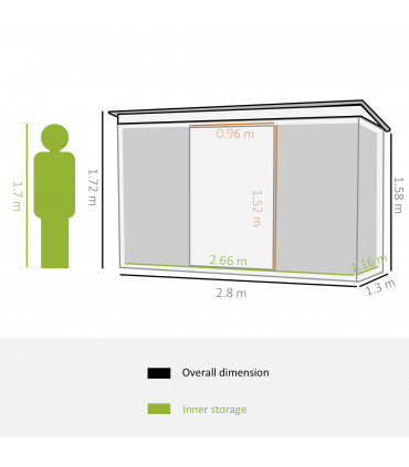 Corrugated Metal Shed Green 280cm x 130cm x 172cm Pent Sliding Lockable Door
