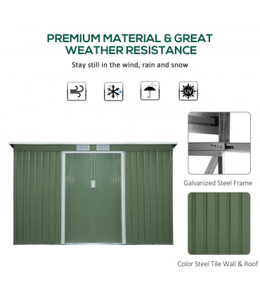 Corrugated Metal Shed Green 280cm x 130cm x 172cm Pent Sliding Lockable Door