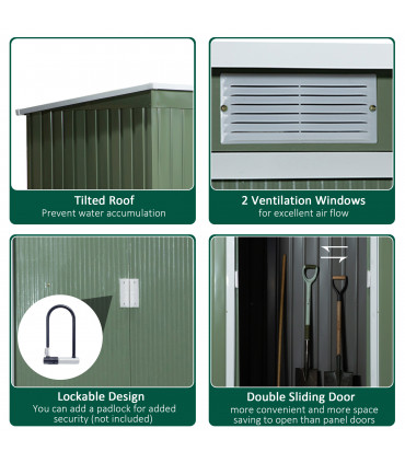 Corrugated Metal Shed Green 280cm x 130cm x 172cm Pent Sliding Lockable Door