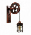 Wall Lamp Rustic Red Iron Art+Wood Vintage Industrial Pulley Wheel With Bulb