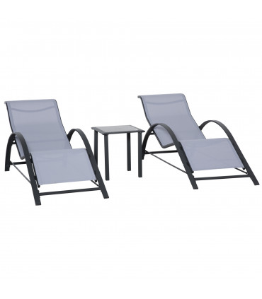 3Pc Garden Recliner Sunbathing Chair with Table, Light Grey