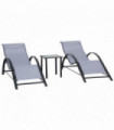 3Pc Garden Recliner Sunbathing Chair with Table, Light Grey