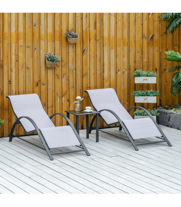 3Pc Garden Recliner Sunbathing Chair with Table, Light Grey