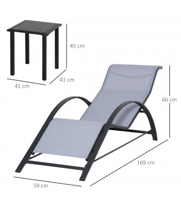3Pc Garden Recliner Sunbathing Chair with Table, Light Grey