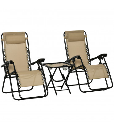 3PC Zero Gravity Chairs Sun Lounger Table Set, Beige, Steel, 110H x 65W x 90Lcm