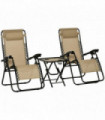 3PC Zero Gravity Chairs Sun Lounger Table Set, Beige, Steel, 110H x 65W x 90Lcm