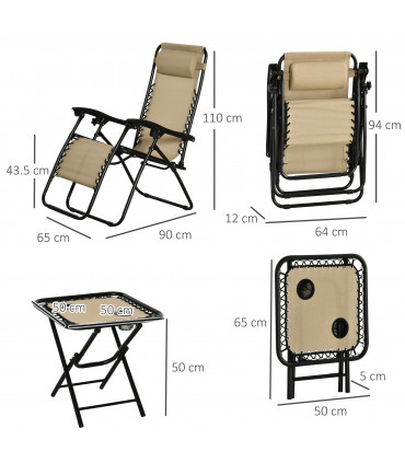 3PC Zero Gravity Chairs Sun Lounger Table Set, Beige, Steel, 110H x 65W x 90Lcm