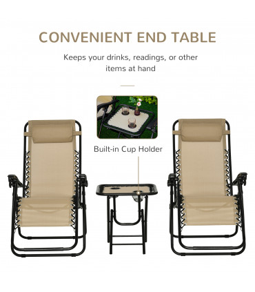 3PC Zero Gravity Chairs Sun Lounger Table Set, Beige, Steel, 110H x 65W x 90Lcm