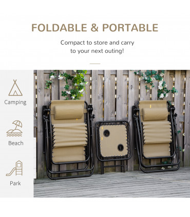 3PC Zero Gravity Chairs Sun Lounger Table Set, Beige, Steel, 110H x 65W x 90Lcm