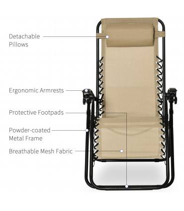 3PC Zero Gravity Chairs Sun Lounger Table Set, Beige, Steel, 110H x 65W x 90Lcm