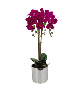 Artificial Orchid Large - Dark Pink / Silver 52cm Real Touch Flowers Silver Pot