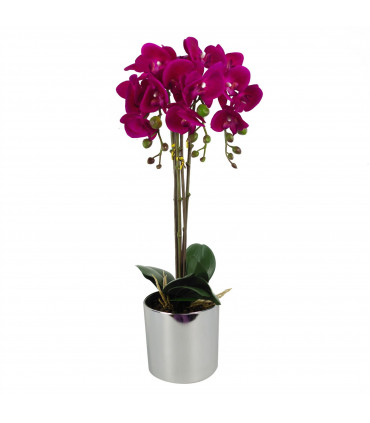 Artificial Orchid Large - Dark Pink / Silver 52cm Real Touch Flowers Silver Pot