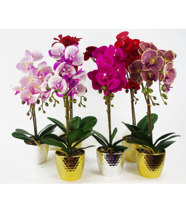 Artificial Orchid - Red Leopard - Gold Pot - Real Touch Leaves - 50cm Height