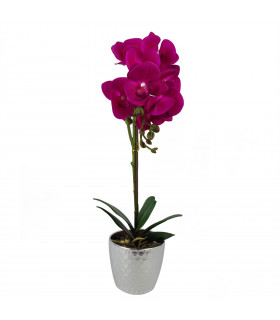 Artificial Orchid Plant Dark Pink Silver Real Touch Leaves 9 Flowers 50cm