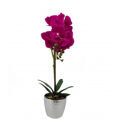 Artificial Orchid Plant Dark Pink Silver Real Touch Leaves 9 Flowers 50cm