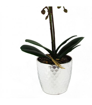 Artificial Orchid Plant Dark Pink Silver Real Touch Leaves 9 Flowers 50cm