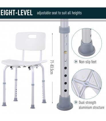 Shower Bath Stool Spa Chair Aluminium White 71-83.5H x 48W x 42Dcm