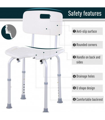 Shower Bath Stool Spa Chair Aluminium White 71-83.5H x 48W x 42Dcm