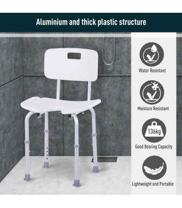 Shower Bath Stool Spa Chair Aluminium White 71-83.5H x 48W x 42Dcm