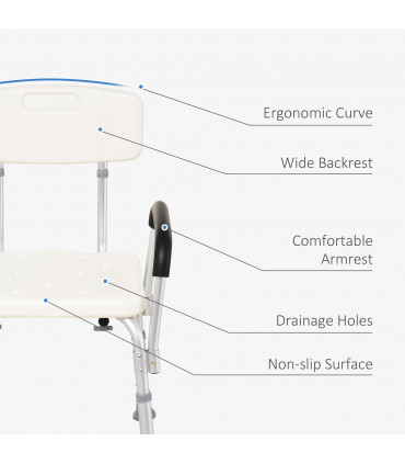 Light Weight Aluminum Shower Bench Portable Lift Chair Back & Armrest HOMCOM