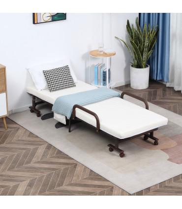 Folding Bed with Mattress & Wheels, Adjustable Backrest, Brown
