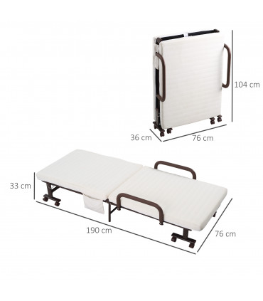 Folding Bed with Mattress & Wheels, Adjustable Backrest, Brown