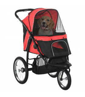 Foldable Pet Stroller Jogger w/ Canopy, Three Wheels, for Medium Dogs - Red