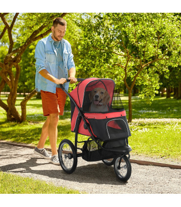 Foldable Pet Stroller Jogger w/ Canopy, Three Wheels, for Medium Dogs - Red