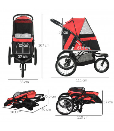 Foldable Pet Stroller Jogger w/ Canopy, Three Wheels, for Medium Dogs - Red