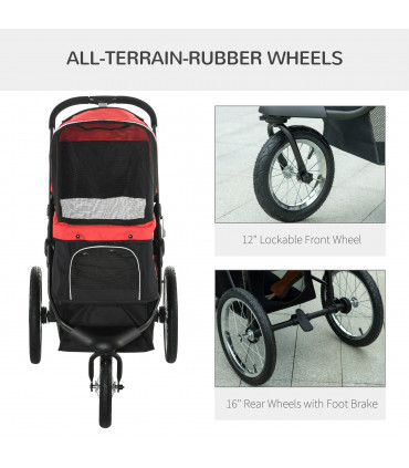 Foldable Pet Stroller Jogger w/ Canopy, Three Wheels, for Medium Dogs - Red