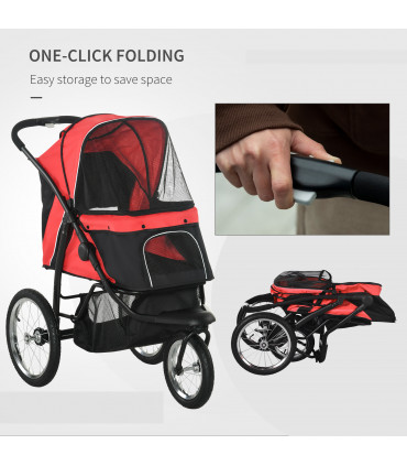 Foldable Pet Stroller Jogger w/ Canopy, Three Wheels, for Medium Dogs - Red