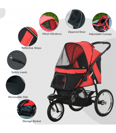 Foldable Pet Stroller Jogger w/ Canopy, Three Wheels, for Medium Dogs - Red