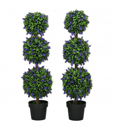 HOMCOM Set of 2 Potted Artificial Plants Ball Tree with Lavender Flowers, 110cm