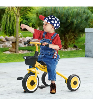 Kids Tricycle Yellow 10" front 8" rear EVA wheels Adjustable Seat Basket