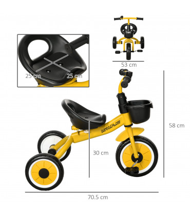 Kids Tricycle Yellow 10" front 8" rear EVA wheels Adjustable Seat Basket